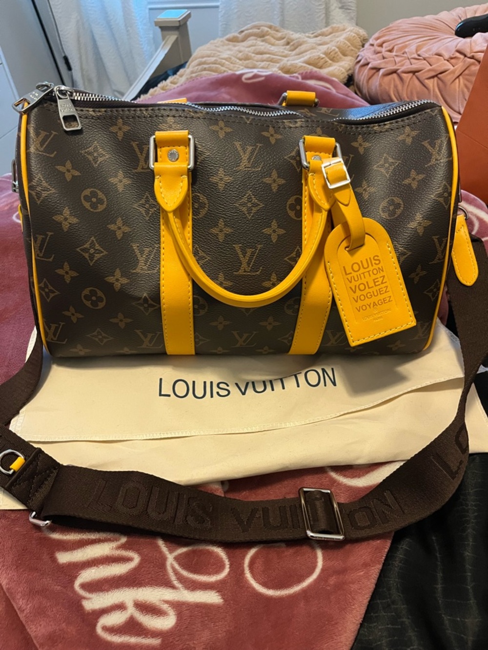 Louis Vuitton Brown Monogram Satchel with Yellow Trim